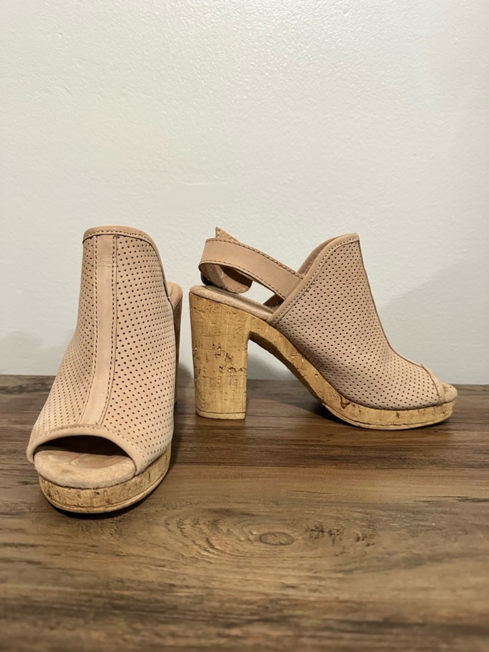 Sbicca Blush Perforated Cork Block Heel Sandals
